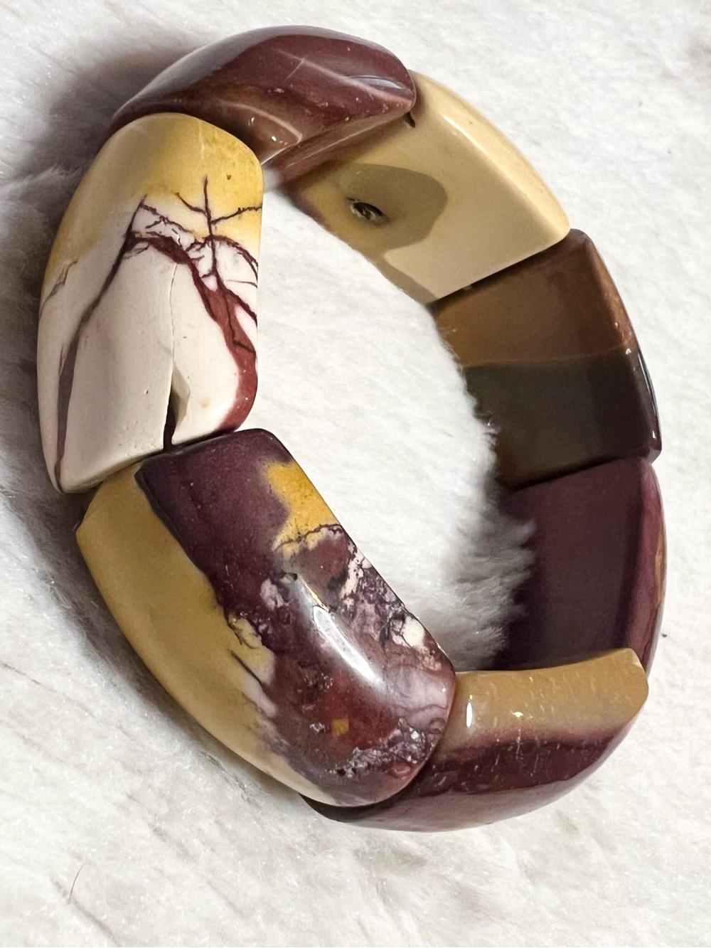 Vintage Natural Mookaite Stone Stretch Bracelet Bohemian Yellow, Red & Brown